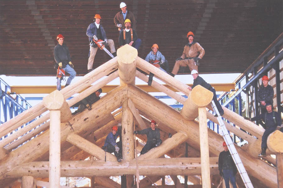 Crew members on large diameter log truss